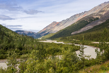 Fototapeta na wymiar Gulkana river in Alaska at summer. Mountains range on river valley