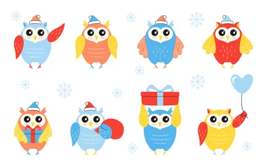 Fotobehang Christmas owl character bird set. Collection owls in different poses, witn gift, ball. New year winter animals. Hand drawn funny cartoon character. Happy New year, merry Christmas. Vector © neliakott