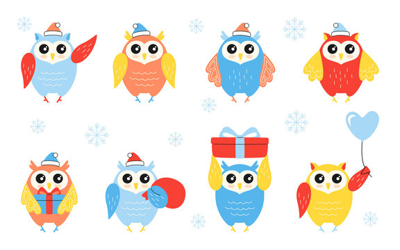 Christmas owl character bird set. Collection owls in different poses, witn gift, ball. New year winter animals. Hand drawn funny cartoon character. Happy New year, merry Christmas. Vector