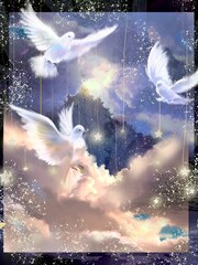 A background of Three white doves dance in the heaven