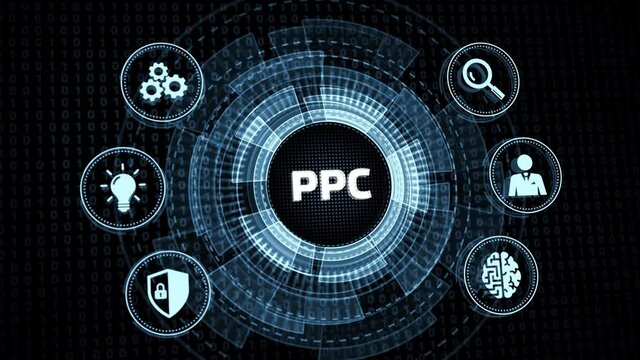 Pay per click payment technology digital marketing internet concept of virtual screen. PPC
