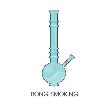 Glass bong for smoking. Plastic blue bong with green cannabis. Modern flat style vector illustration icons. Isolated on white background. Apparatus for smoke weed with clouds.