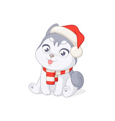 Cute husky puppy in Christmas Santa Claus hat. Cartoon vector illustration on white background.