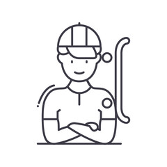 Skateboarding icon, linear isolated illustration, thin line vector, web design sign, outline concept symbol with editable stroke on white background.