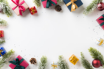 Top view of framing christmas decoration mockup arranging in minimal style. Merry christmas and Happy new year festival background concept.