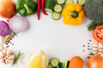 Background with Lots of healthy vegetables on the table and blank space. Mixed Colorful fresh vegetables with fresh produce from the fresh market