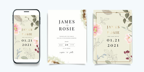 Luxury Social Media Wedding invite frame templates. Vector background. Mockup for social media banner. mobile Floral golden collage layout design.