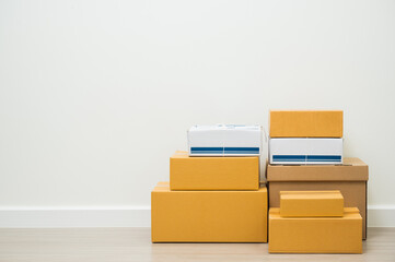 Stacking of box parcel cardboard mock up on blank space white background.