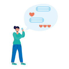 young woman using smartphone with chatting bubbles