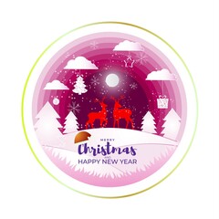 Merry Christmas and Happy New Year banner, X-mas, pine tree , christmas moon, glitters, sparkling background poster, greeting card, holiday, beautiful deer Papercut effect with golden touch