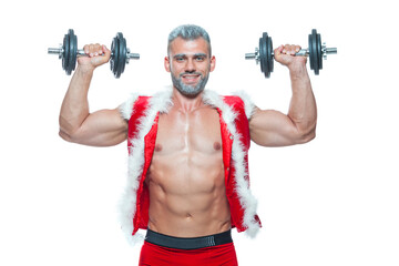 Fototapeta na wymiar Sexy Santa Claus. Bodybuilder young handsome santa clause smile holds a dumbbells and shows off abs cubes at New Years eve and Christmas winter holiday white background.