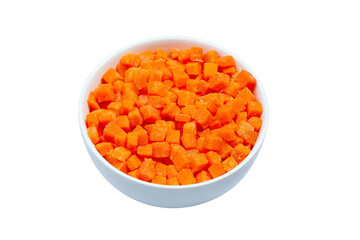 Fototapeta na wymiar Top view of frozen diced carrots in a bowl on white background, close up