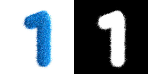 Fototapeta premium Number 1 made from fur with alpha mask, fur font, 3d alphabet. 3d illustration.
