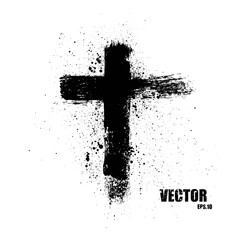 Vector cross grunge brush stroke. Black paint,spray,splatter.
