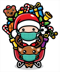 the character of santa claus and the cute reindeer wearing a mask
