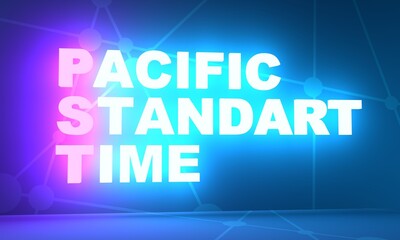 PST - Pacific Standard Time acronym. 3D rendering. Neon bulb illumination