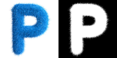 Alphabet P made from fur with alpha mask, fur font, 3d alphabet. 3d illustration.