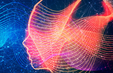 Face profile view. Elegant silhouette of a female head. Beautiful woman portrait. Thin line style. Neon shine