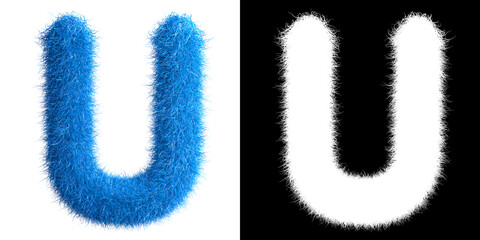 Alphabet U made from fur with alpha mask, fur font, 3d alphabet. 3d illustration.