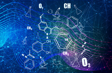 Bio chemistry and medicine background with icons.
