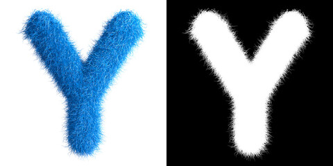 Alphabet Y made from fur with alpha mask, fur font, 3d alphabet. 3d illustration.