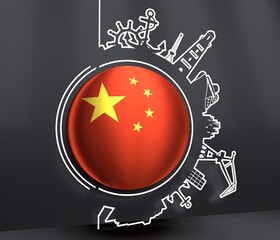 Circle with sea shipping and travel relative silhouettes. Objects located around the circle. Industrial design background. Flag of China. 3D rendering