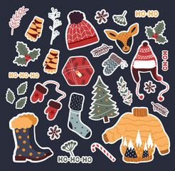 A set of stickers with cozy autumn or winter clothes and items. Candles, socks and mittens xmas home symbols, cartoon set. Christmas hygge, doodle cozy things illustration. Vector stock graphics.