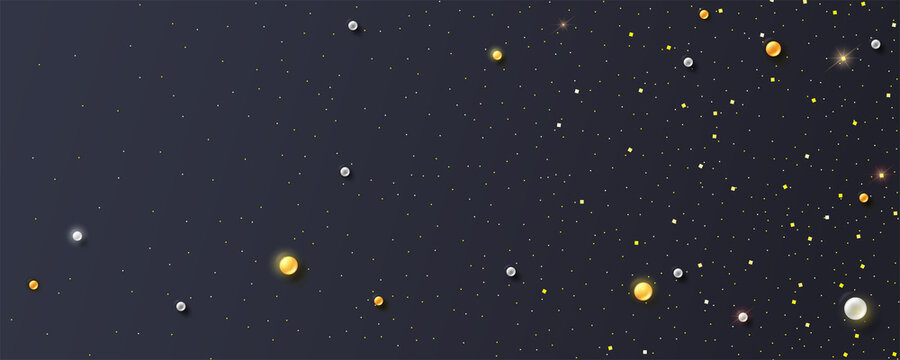 Festive background. Silver and golden pearls and sparkly golden dust. Template for poster, headers for website. Festive vector 3D illustration.