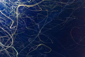 Abstract blurry background, bright random traces of flying insect movement at night in light of lantern.