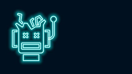 Glowing neon line Broken robot icon isolated on black background. Artificial intelligence, machine learning, cloud computing. 4K Video motion graphic animation
