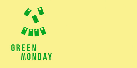 Green monday sale text on yellow and paper labels. Background for Winter Christmas offer.