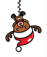 Naklejka premium cute santa reindeer character trapped in colorful christmas lights