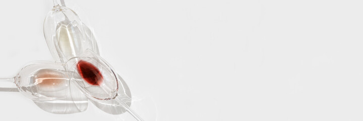 Set of wine in glasses with beautiful shadows. Banner with red, rose and white wine with copy space. Hard light. Top view.