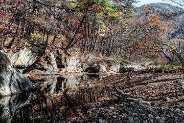 Large boulder on far side of mountain river.