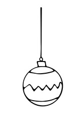 Vector outline Christmas ball hanging on string. Element of new year and xmas design in style of doodles, isolated. Simple hand drawn image for greeting cards, calendars, coloring book