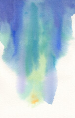 watercolor background in blue green and purple streaks of paint on watercolor paper texture, colorful art painting