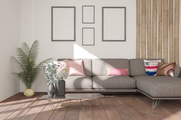 modern room with bamboo wall,sofa with pillows,table with vases,black frames on wall and plant in the corner interior design. 3D illustration