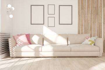 modern room with sofa,pillows, pillows,lamp,bamboo wall interior design. 3D illustration