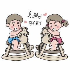 Hello Baby boy and baby girl playing wood riding horse toy cartoon vector illustration
