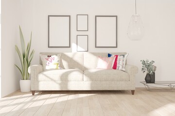 modern room with sofa,pillows,lamp,table,plants,frames interior design. 3D illustration