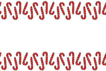 Vector Background, frame, border from red candy cane. Horizontal top and bottom edging, decoration on theme sweet New Year and Christmas. For greeting cards, invitations, xmas design
