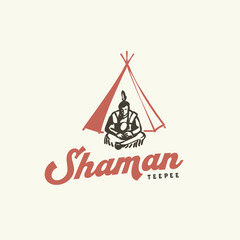 Experience shaman meditate in front of his teepee logo design © lineandcircle