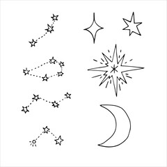 Doodle set with different constellations, stars and the moon