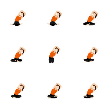 Seated side bend with hands on a head yoga asanas set / Illustration stylized woman practicing sukhasana and other poses with side stretch
