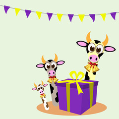 Happy new year with cows and gift box vector banner. New Year party poster banner with cows gift box and rail flag.