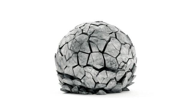 4K Animation of Concrete Sphere made from concrete pieces on white background