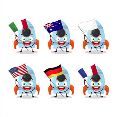Rocket toy cartoon character bring the flags of various countries