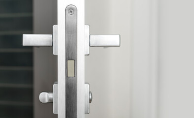 chrome plated door lock with door handles. Copy space