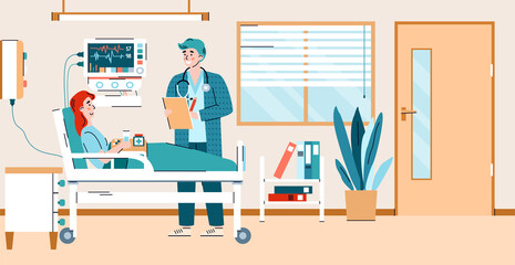 Hospital ward interior with patient in bed and doctor cartoon characters, flat vector illustration. Hospital intensive care unit with medical treatment for patients.