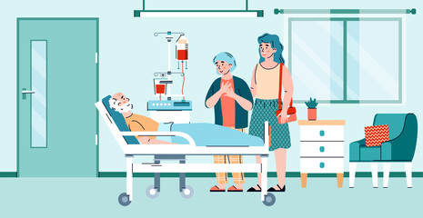 Relatives visit elderly patient in nursing home or hospital ward, cartoon flat vector illustration. Medical assistance in hospital, healthcare and treatment.